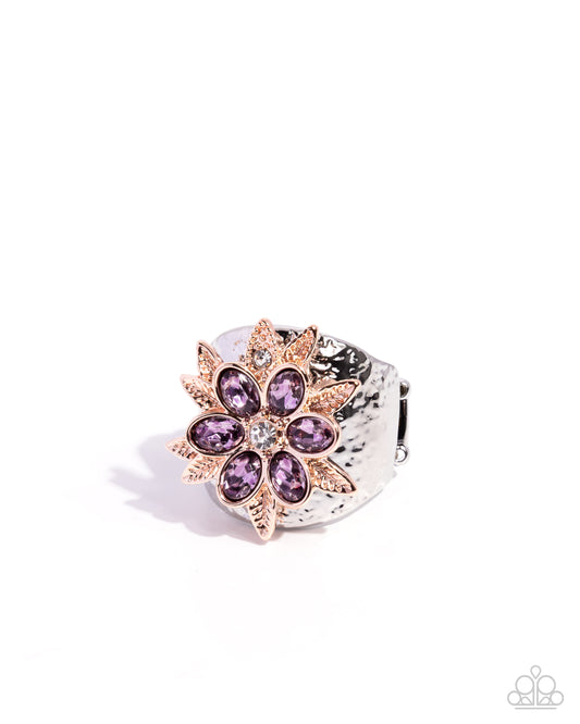 Floral Fermata - Purple Gem & Rose Gold Leaves Flower Ring Paparazzi R1133