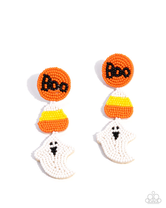 SPOOK-taculer Sashay - Multicolored Orange, Black, Yellow, White Seed Bead Halloween Style Post Earring Paparazzi E3122