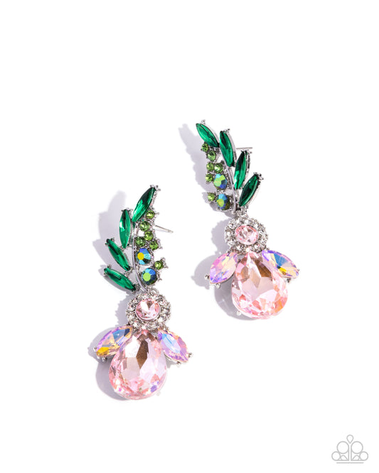 Paparazzi Priceless Pizzazz - Pink Gem, White Rhinestone Floral Earring