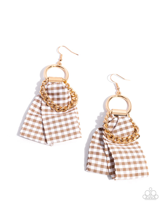 Picnic Pizzazz - Brown Gingham Ribbon Gold Hoop Earring Paparazzi 2025 Convention Exclusive E3059