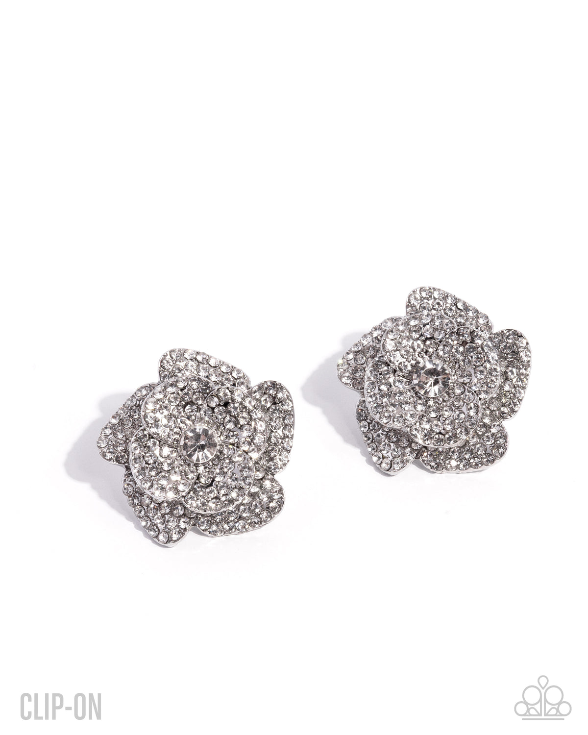 Paparazzi Shimmery Surety - White Rhinestone Flower Clip On Earring E3523