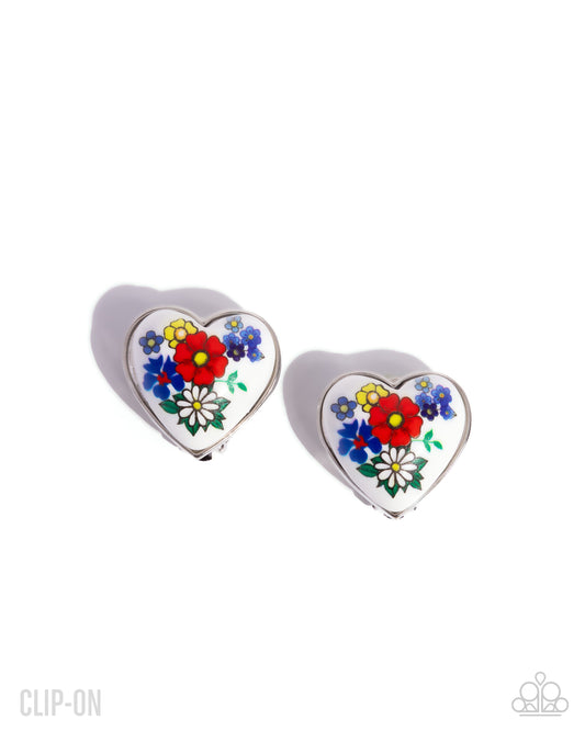 Painted Potential - Multicolored Painted Floral White Heart Clip-On Earring Paparazzi E3021