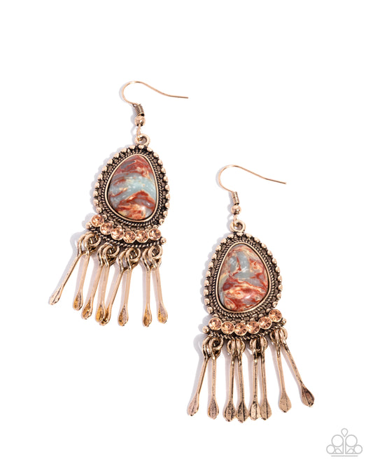 Swirled Sashay - Multi Chili Oil Swirled Stone Gold Fringe Earring 2025 Convention Exclusive Paparazzi E3061