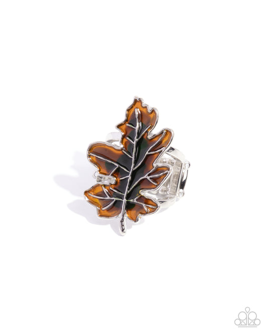 Paparazzi Thankful Treasure - Green, Yellow-Orange, Silver Maple Leaf Ring R1103
