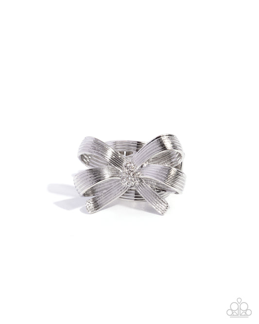 Paparazzi Gathered Glam - Silver Ribbon & White Rhinestone Ring