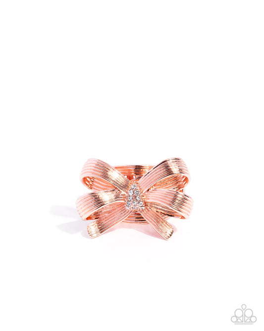 Paparazzi Gathered Glam - Copper - Shiny Copper Bow & White Rhinestone Ring R1303