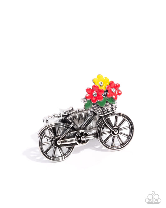 Small Town Vibe - Multicolored Poppy Red, Primrose Flower Basket Silver Bicycle Ring Paparazzi 2025 Convention Exclusive R1139