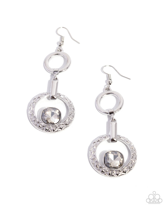 Center Cascade - Silver Diamond Cut Textured & Smoky Gem Earring Paparazzi E3128