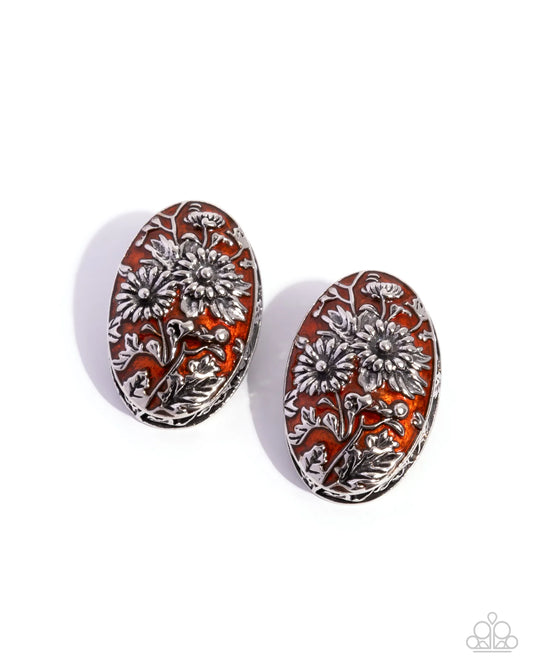 Paparazzi Portrait of Perfection - Orange Silver Floral Oval Post Earrings E3250
