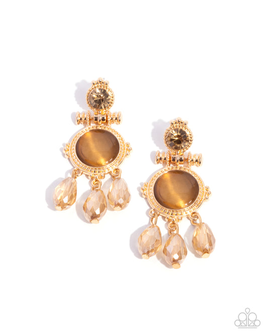 Paparazzi Easygoing Elevation - Brown - Light Topaz Rhinestone, Bronze Brown Cat's Eye Stone Gold Post Earring