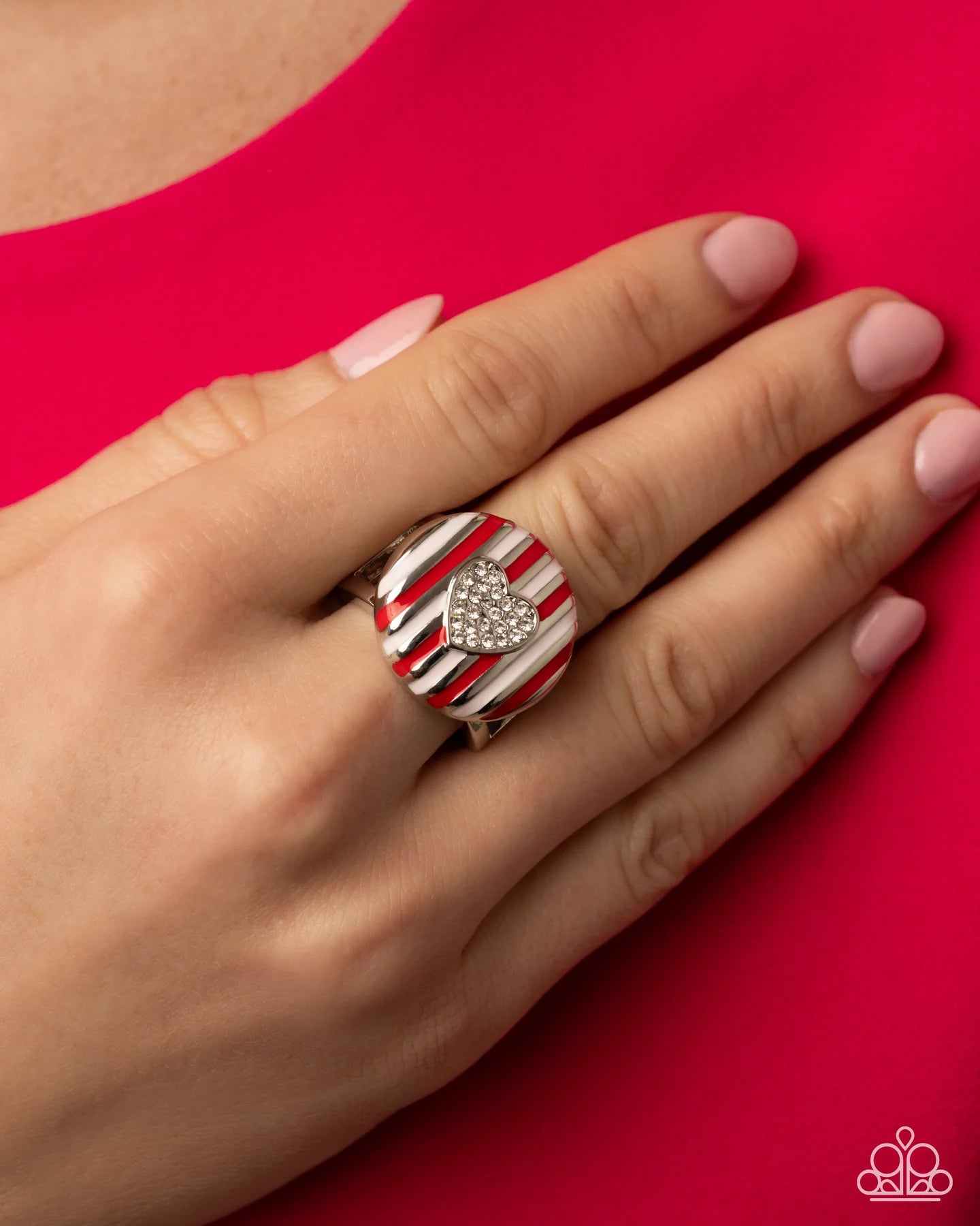 Paparazzi Lovestruck Stripes - Multi Red Pink White Heart Silver Ring R1329