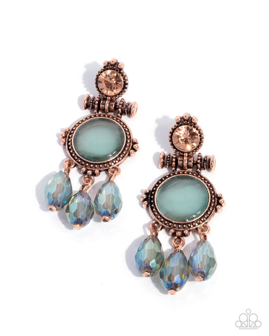 Paparazzi Easygoing Elevation - Copper, Blue Cat's Eye Stone & Light Peach Rhinestone Earring E3289
