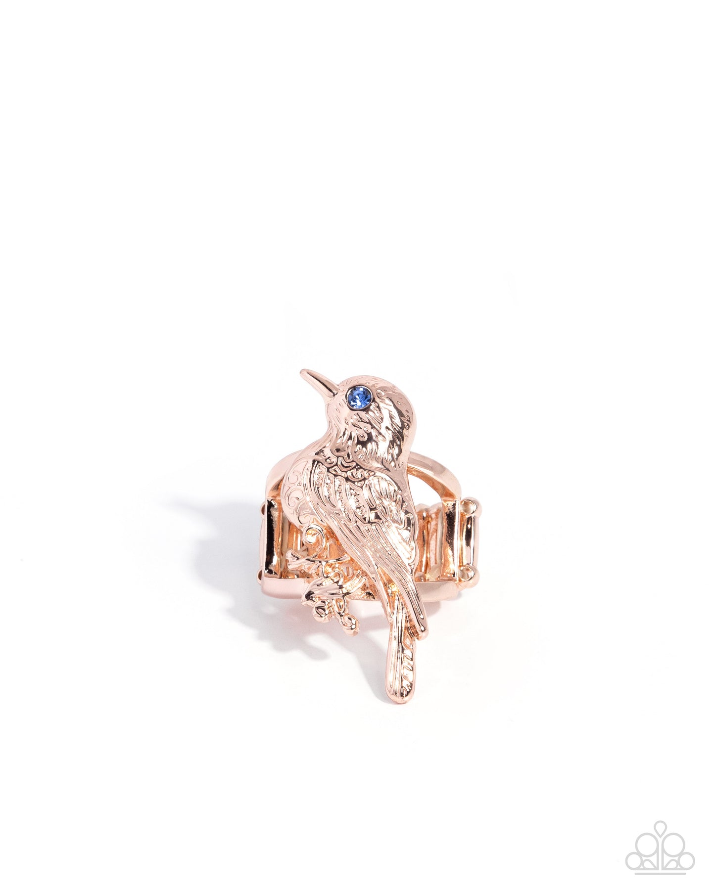 Paparazzi Songbird Season - Rose Gold & Light Sapphire Rhinestone Bird Ring