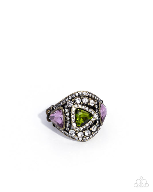 Paparazzi Radiant Regalia - Brass, Pink & Green Gem Abstract Layered Ring R1223