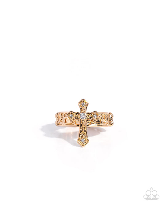 Paparazzi Holy Haute - Gold & White Rhinestone Cross Ring R1264