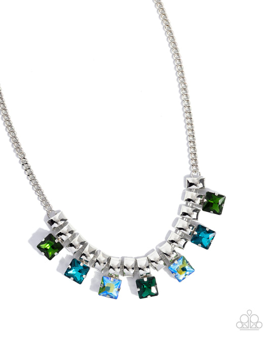 Paparazzi Glimpse of Grunge - Green, UV Green & Multicolored Green Gem Silver Necklace N3931