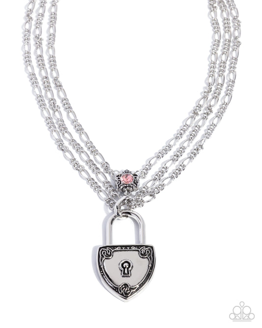 Paparazzi LOCK Show - Pink Light Rose Rhinestone & Silver Singapore Multi Layered Chain Necklace