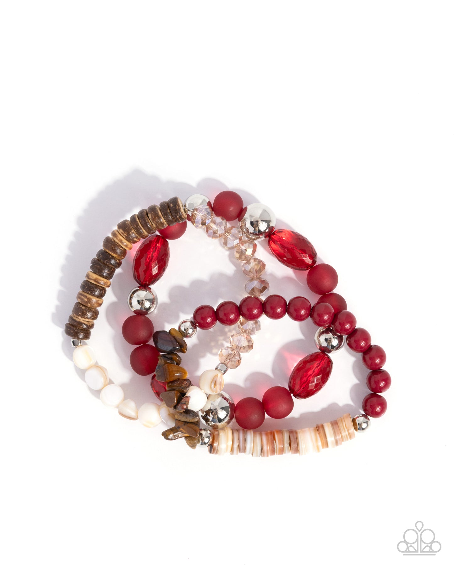 Paparazzi Seasonal Stretch - Red, Silver, Tiger's Eye Stone, White Shell Bead Set Of 3 Stretch Bracelets B2490
