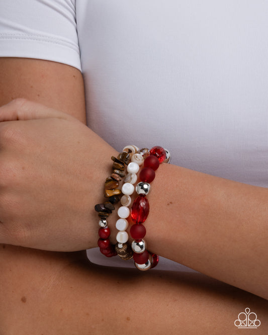 Seasonal Stretch - Red, Silver, Tiger's Eye Stone, White Shell Bead Set Of 3 Stretch Bracelets Paparazzi