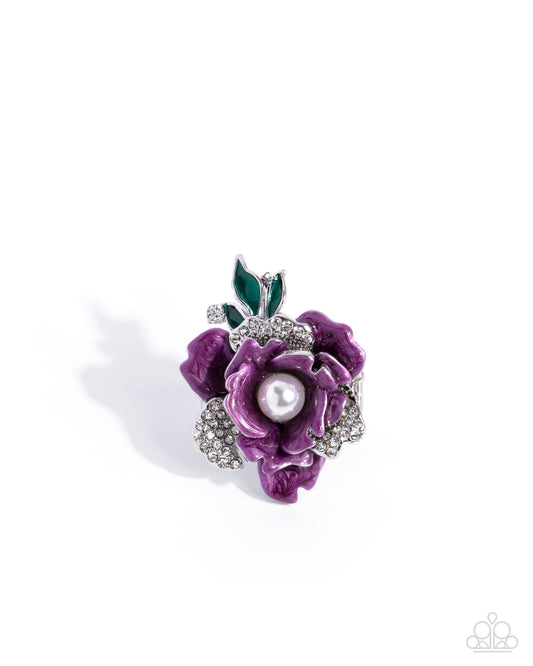 Paparazzi Petaled Wonder - Purple Damson Painted & White Rhinestone Flower Ring R0779