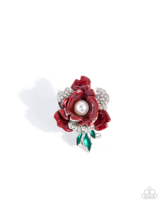 Paparazzi Petaled Wonder - Red Pearl Painted & White Rhinestone Flower Ring