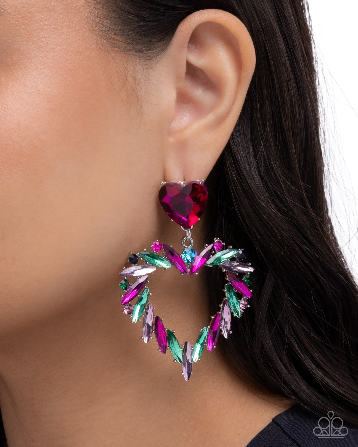 Paparazzi Memorable Marquise - Multicolored, Fuchsia, Montana, Emerald, Light Amethyst Rhinestone Heart Earring