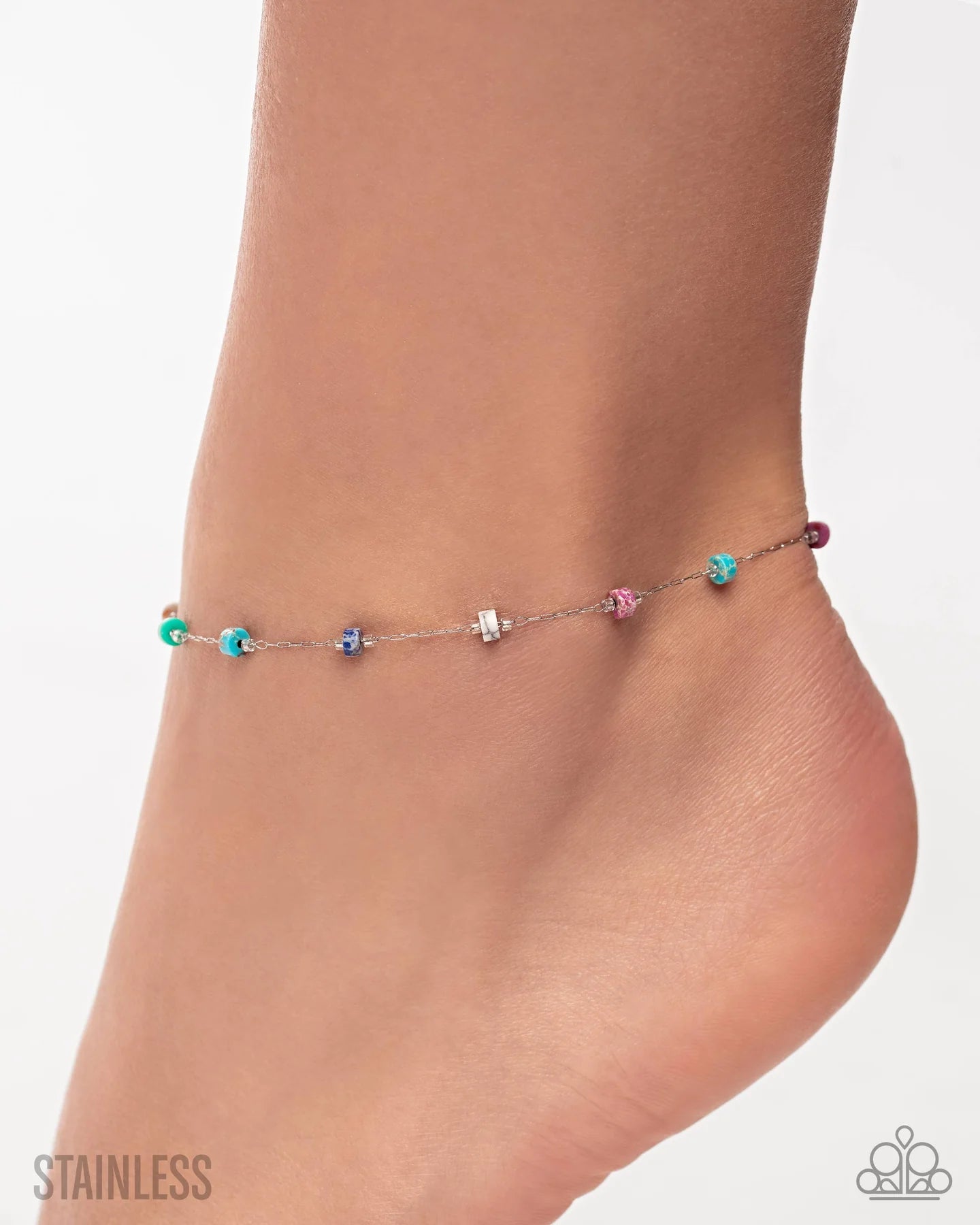 Stony Surrender - Multicolored Stone Stainless Steel Silver Anklet Paparazzi 2025 Convention Exclusive B2341