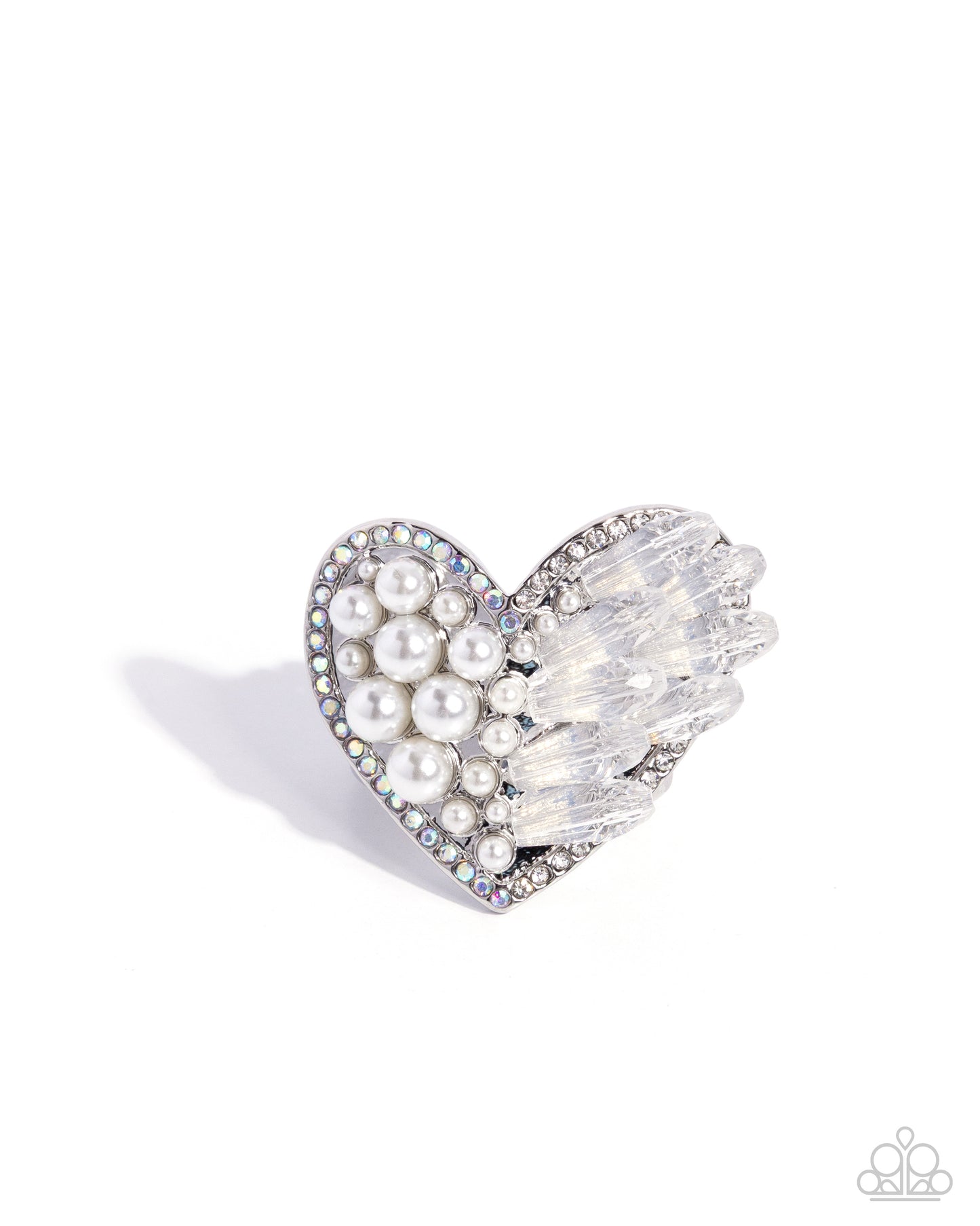 Paparazzi Mismatched Matchmaker - White Pearl & Iridescent Rhinestone Heart Ring R1214
