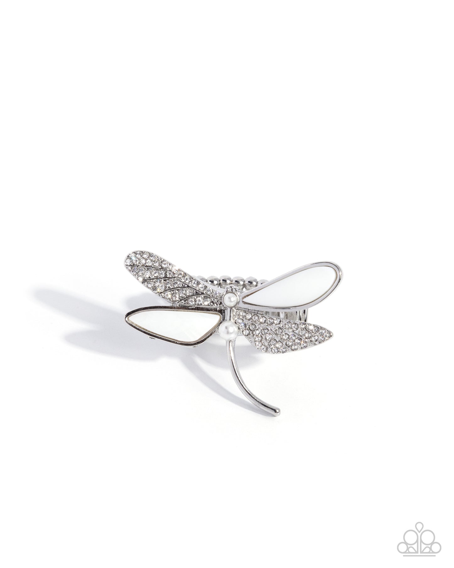 Paparazzi Dragonfly Drama - White Shell & Rhinestone Dragonfly Ring R1295