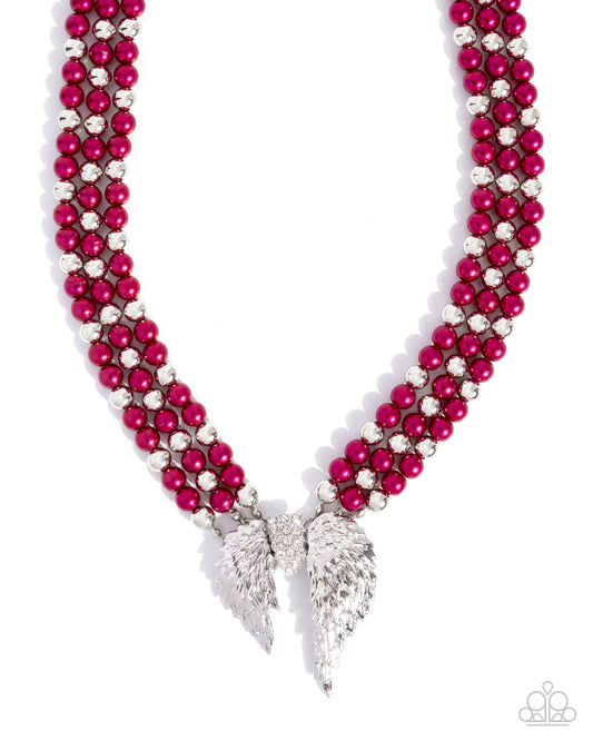 Paparazzi Angelic Ardor - Red Wine Pearl, Silver & White Rhinestone Angel Wing Pendant Necklace N3980