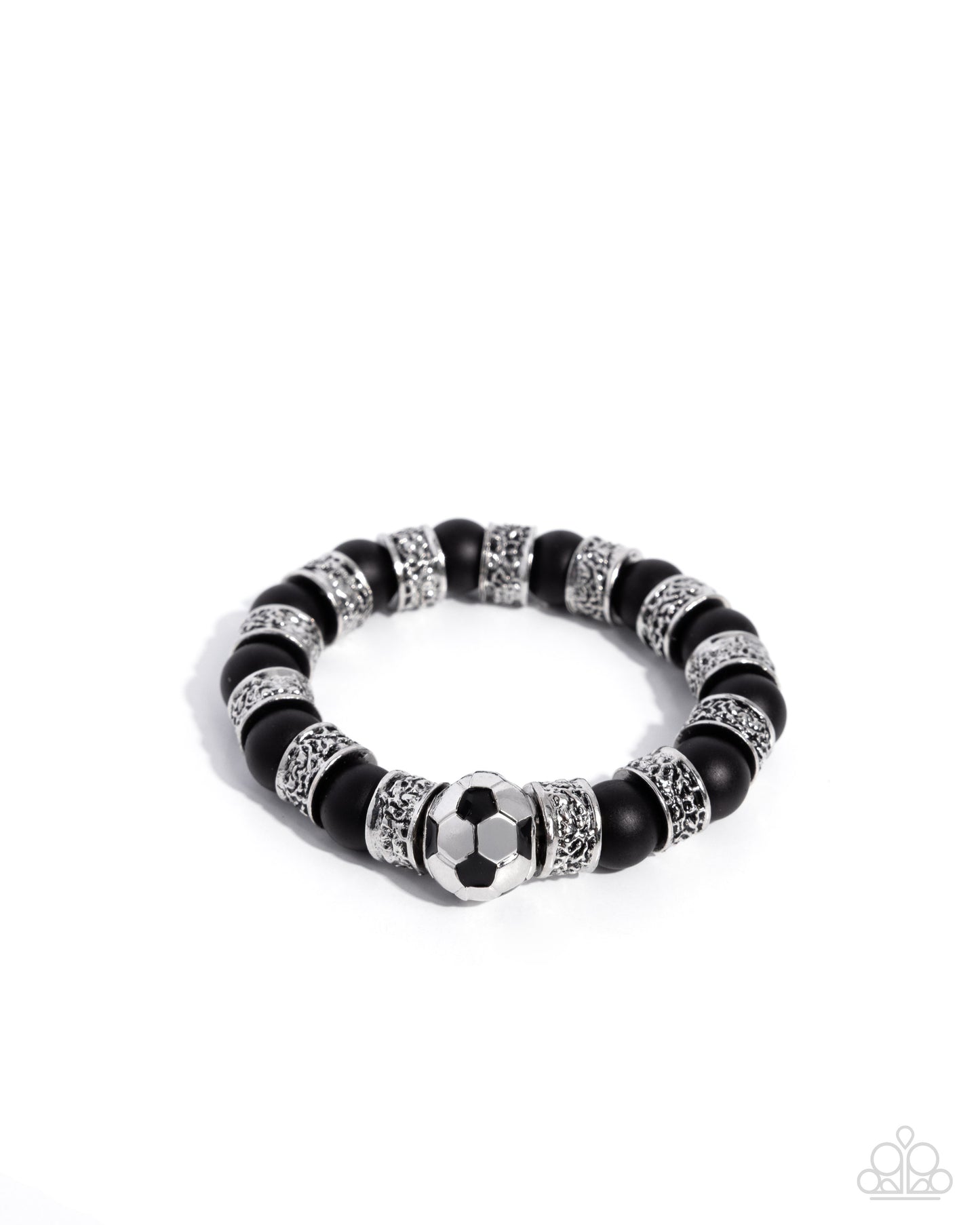 Soccer Champ - Black Bead Silver Filigree Disc & Soccer Ball Charm Stretch Bracelet Paparazzi B2442