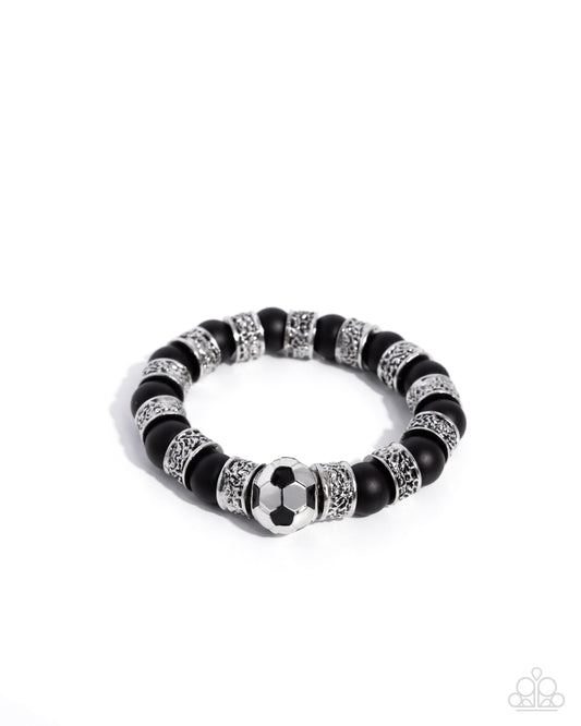 Soccer Champ - Black Bead Silver Filigree Disc & Soccer Ball Charm Stretch Bracelet Paparazzi B2442