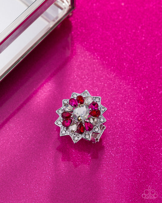 Paparazzi Pointed Prowess - Silver, Smoky Rhinestone & Red Gem Flower Ring R1294