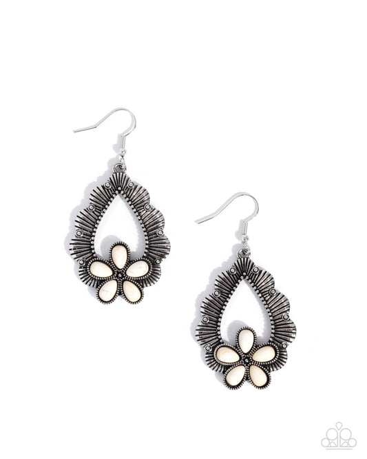 Paparazzi Noticeably Earthy - White Stone Flower Silver Teardrop Santa Fe Style Earring E3105