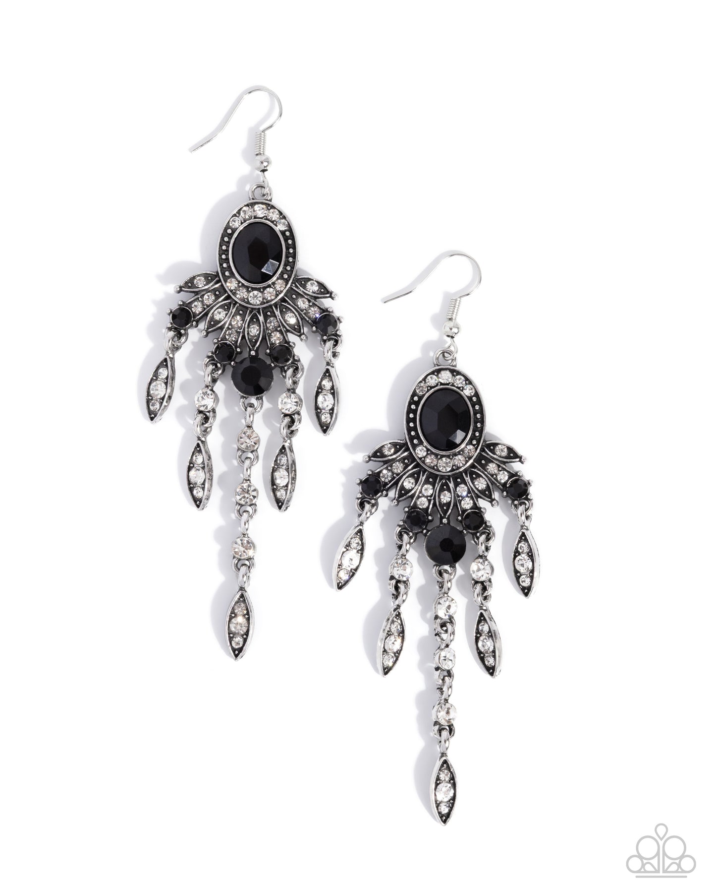 Paparazzi Shimmery Sway - Black Gem White Rhinestone Chandelier Style Earring E3228