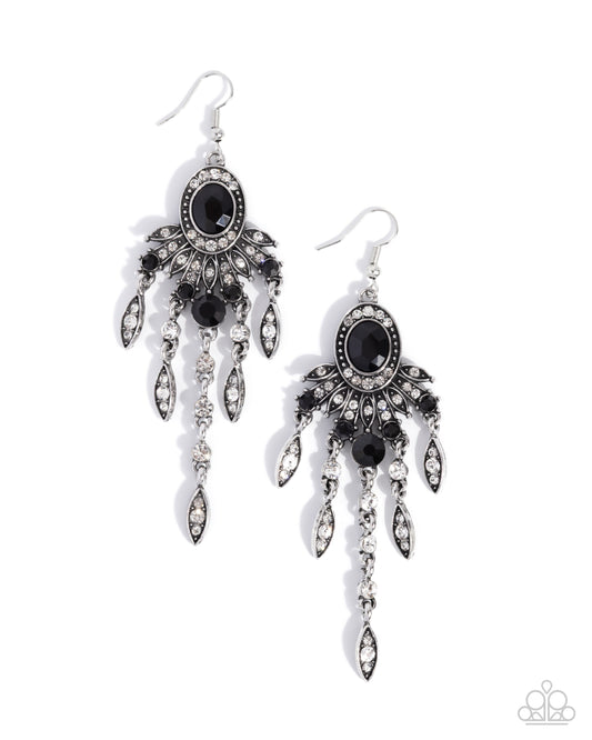 Paparazzi Shimmery Sway - Black Gem White Rhinestone Chandelier Style Earring E3228