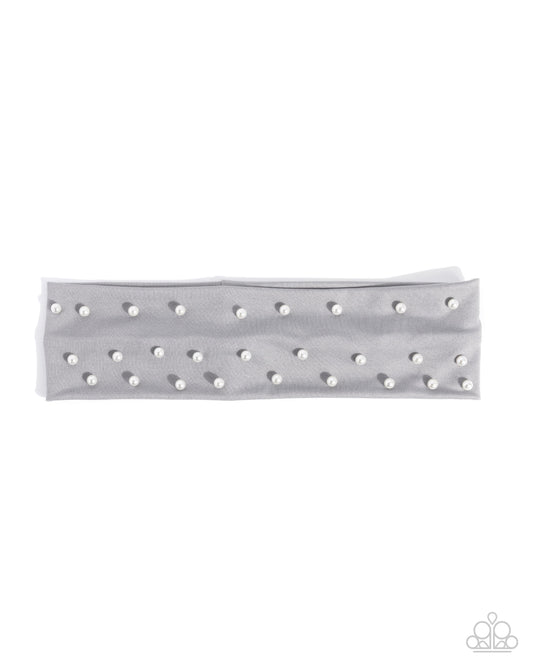 Placid Pearls - Silver Gray & White Pearl Stretch Fabric Headband Paparazzi H0231