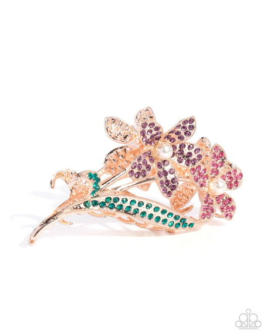 Paparazzi Dainty Duo - Multicolored Rose, Light Amethyst Rhinestone Rose Gold Flow Claw Clip H0253
