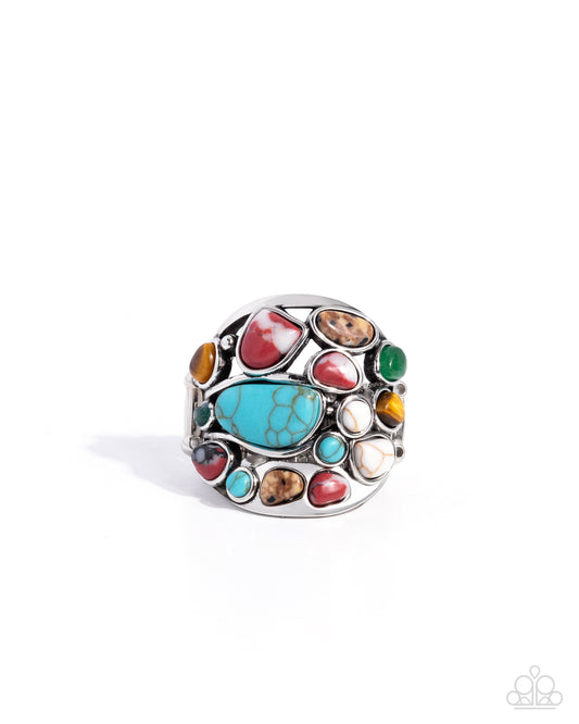 Medley Mayhem - Multi Bronze Brown, Jade, Tiger's Eye, Turquoise, White, Poppy Red Stone Ring Santa Fe Style Paparazzi 2025 Convention Exclusive R1143