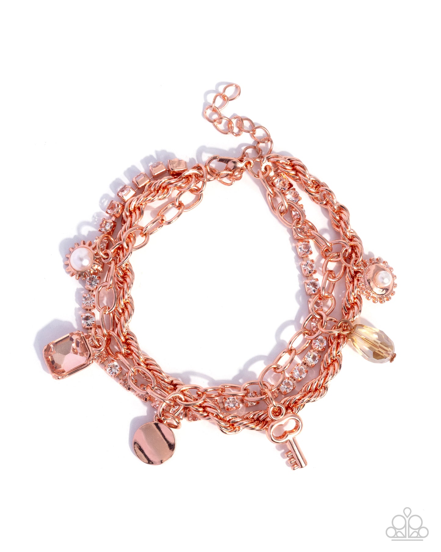 Paparazzi Keynote Speaker - Copper - Shiny Copper White Rhinestone Singapore Chain Bracelet B2514