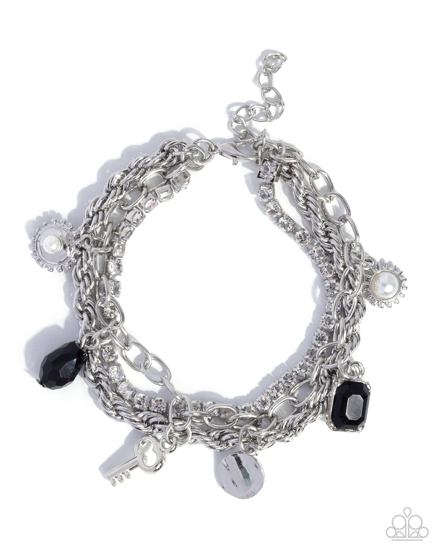 Paparazzi Keynote Speaker - Black Bead, White Rhinestone Multi Chain Bracelet B2155