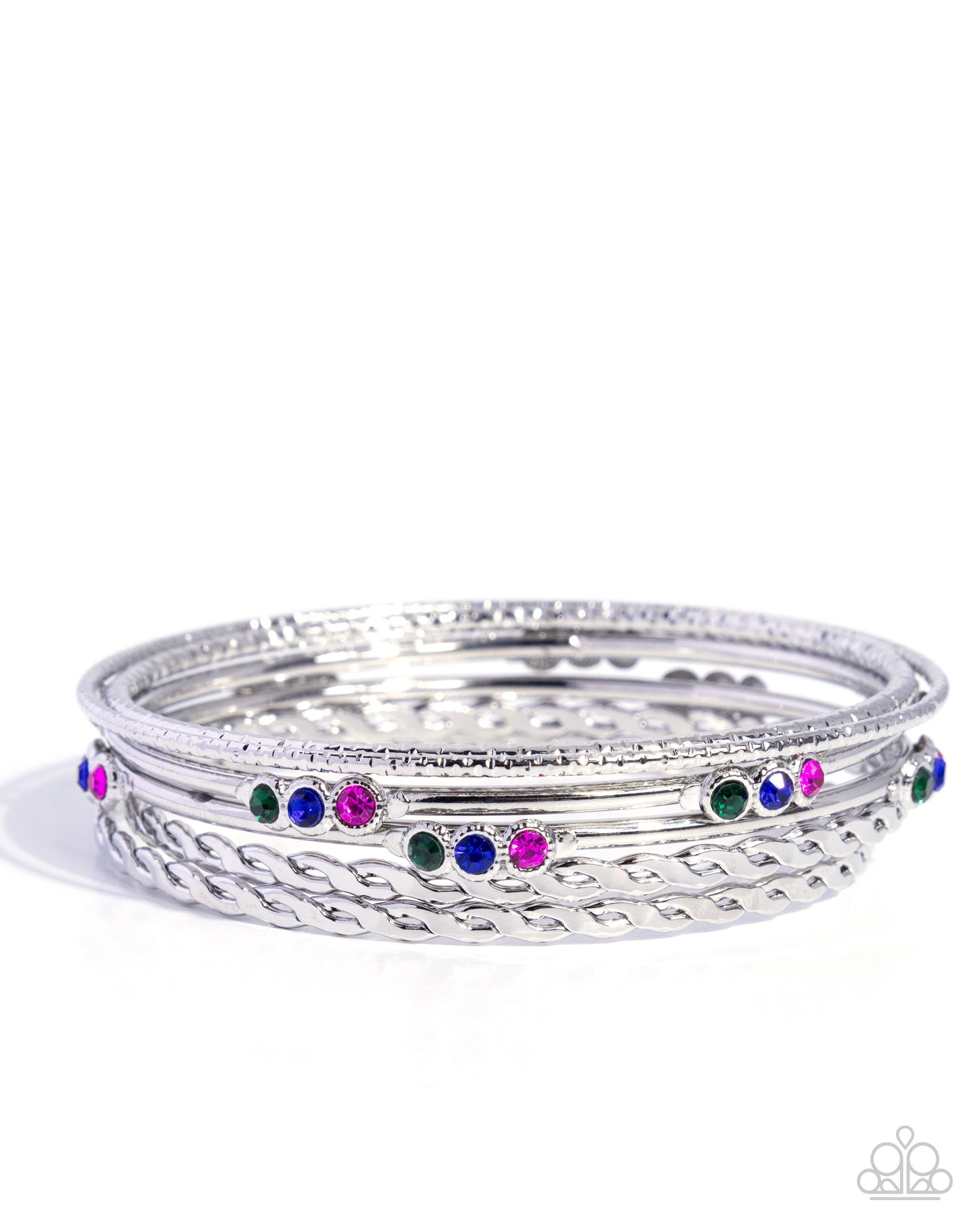 Paparazzi Braided Bangle - Multicolored Rhinestones & Silver Set of 6 Bangle Bracelets B2604