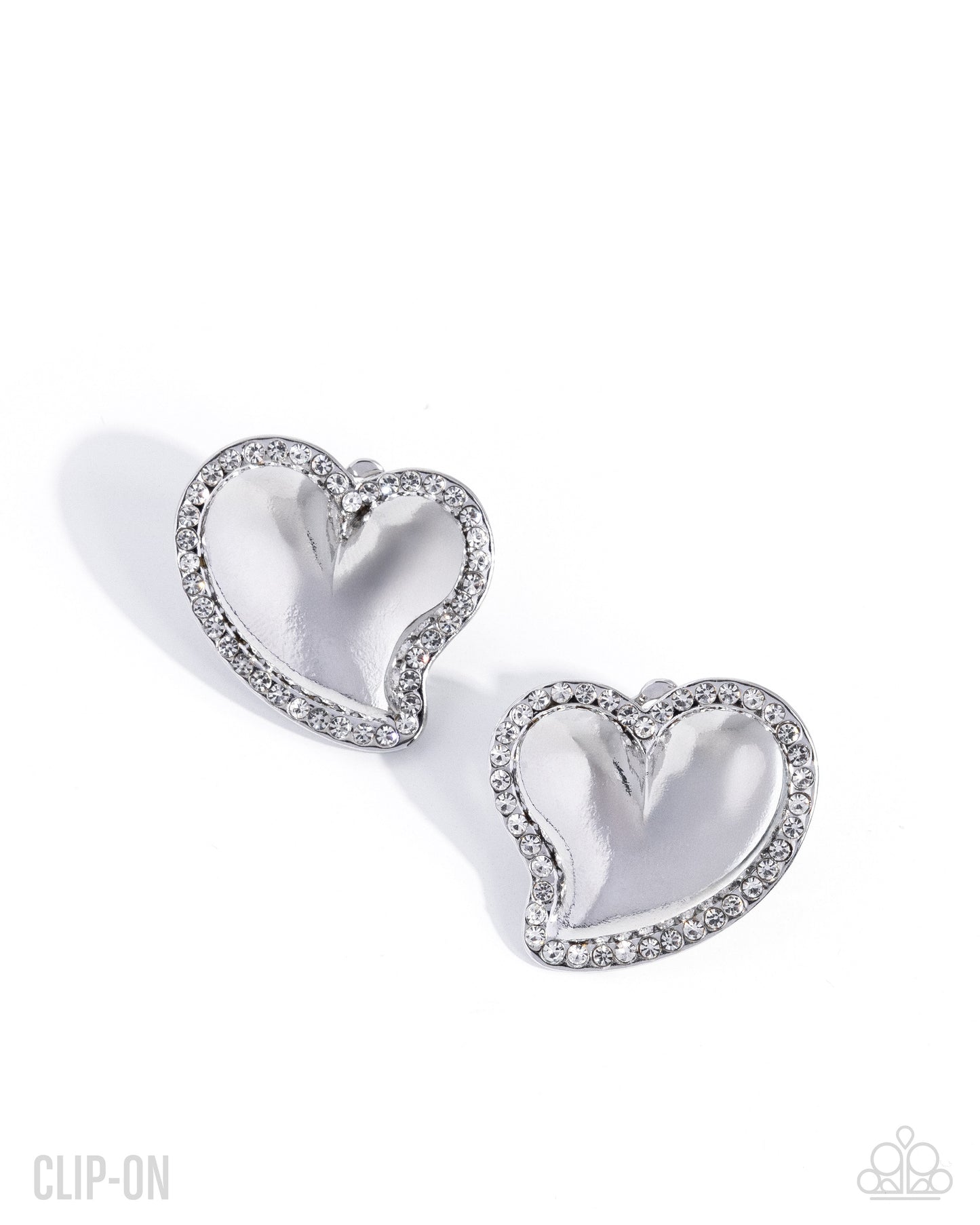 Paparazzi Loveable Luminescent - White Rhinestone Silver Heart Clip On Earring E3292