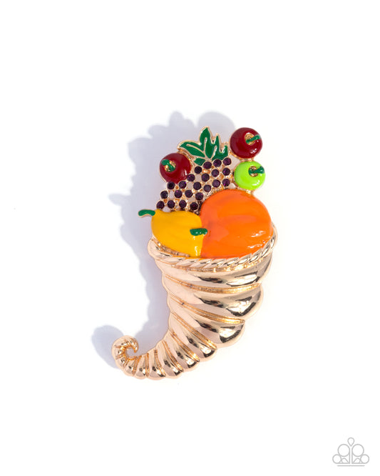 Paparazzi Cornucopia Chic - Multicolored Gold Cornucopia Thanksgiving Lapel Pin Brooch BR016
