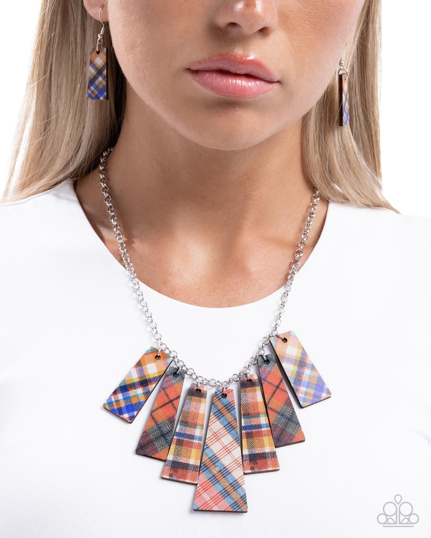 Pleasing Plaid - Red Multicolored Plaid Trapezoidal Necklace Paparazzi N3662