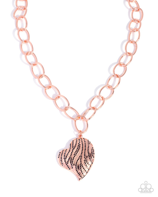 Paparazzi Sweet Stripes - Copper - Shiny Copper & Black Rhinestone Heart Pendant Necklace
