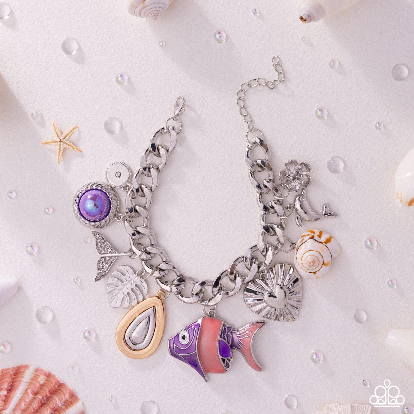 Paparazzi Fish Frenzy - Purple Fish, Silver Dolphin, White Conch Shell Charm Style Bracelet B2666