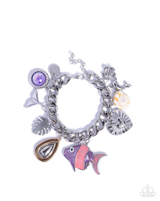 Paparazzi Fish Frenzy - Purple Fish, Silver Dolphin, White Conch Shell Charm Style Bracelet B2666