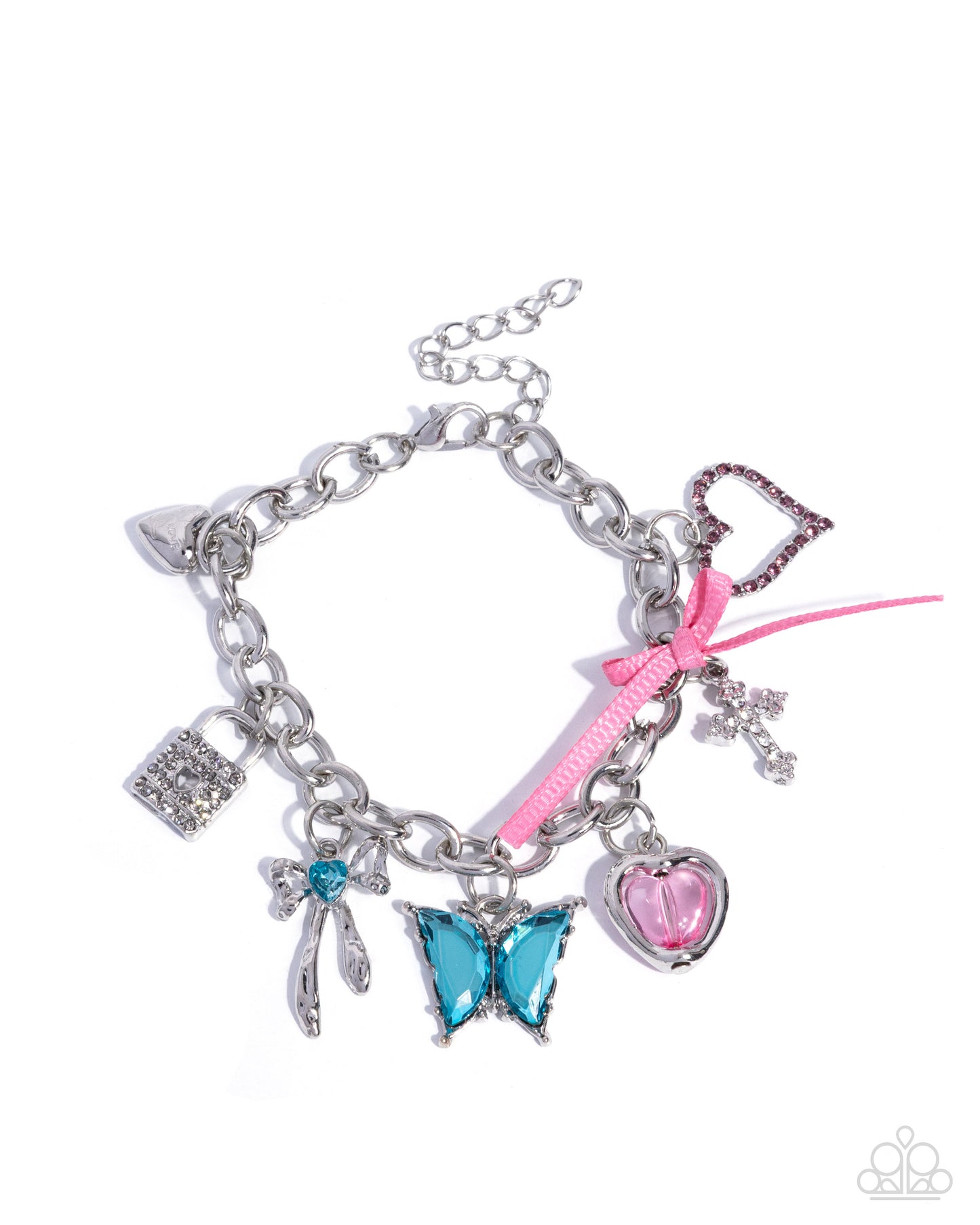 Paparazzi Whimsical Worship - Multi Blue Heart & Silver Heart, Blue Butterfly, Pink Heart Charm Bracelet