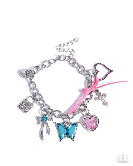 Paparazzi Whimsical Worship - Multi Blue Heart & Silver Heart, Blue Butterfly, Pink Heart Charm Bracelet